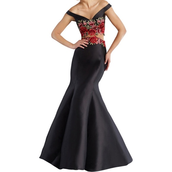 NWT!JANIQUE Elegant 2 Piece Black Embroidered/Floral Off-Shoulder Mermaid Dress - Picture 2 of 10